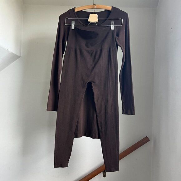 Elle Tian‎ Matching Two Piece Set Long line Tunic Top Capri Leggings Brown - Picture 3 of 9
